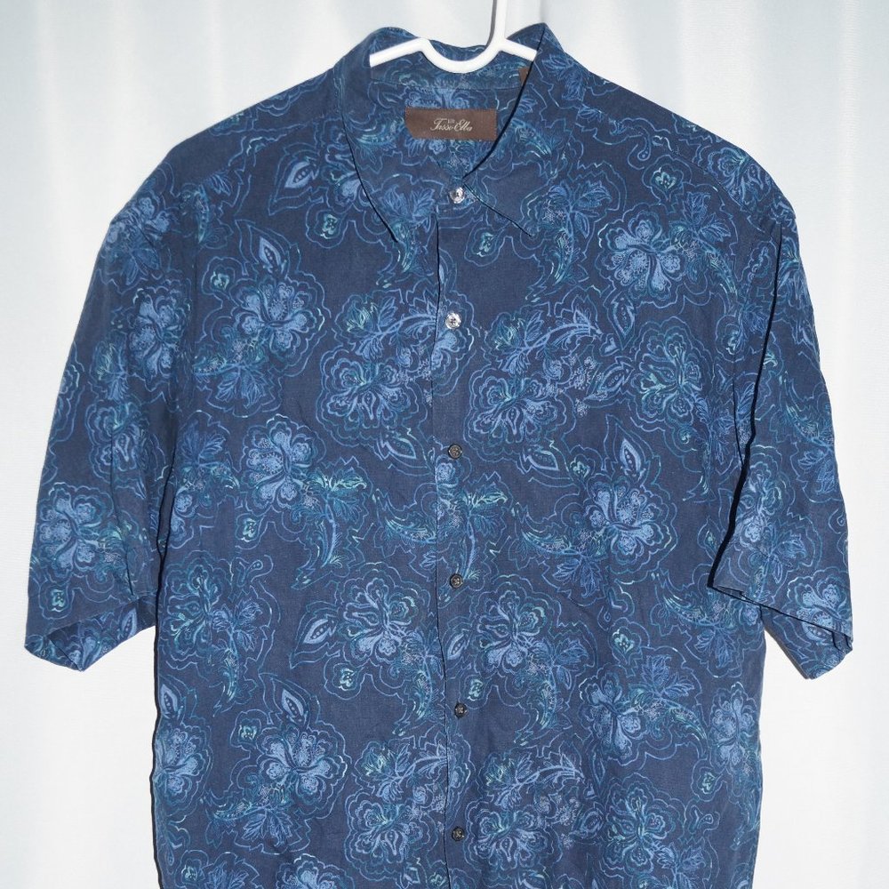 Tasso Elba island Hawaiian Shirt Mens L Silk Linen Blue Floral Tropical Camp EUC